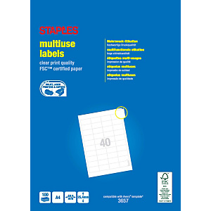 Staples Etiquetas multiuso, 48,5 x 25,4 mm, 40 etiquetas por hoja, blancas Staples Etiquetas multiuso, 48,5 x 25,4 mm, 40 etiquetas por hoja, blancas