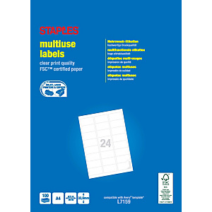 Staples Etiquetas multiuso, 63,5 mm x 33,9 mm, 24 etiquetas por hoja, esquinas redondeadas, blancas Staples Etiquetas multiuso, 63,5 mm x 33,9 mm, 24 etiquetas por hoja, esquinas redondeadas, blancas
