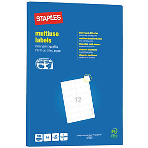 Staples Etiquetas multiuso, autoadhesivas permanentes, angulares, 42,3 x 97 mm, blanco Staples Etiquetas multiuso, autoadhesivas permanentes, angulares, 42,3 x 97 mm, blanco