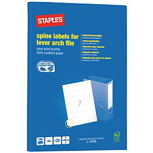 Staples Etiquetas de papel para carpeta autoadhesivas permanentes, 192 x 38 mm, 100 hojas, 7 etiquetas por hoja A4, blanco Staples Etiquetas de papel para carpeta autoadhesivas permanentes, 192 x 38 mm, 100 hojas, 7 etiquetas por hoja A4, blanco