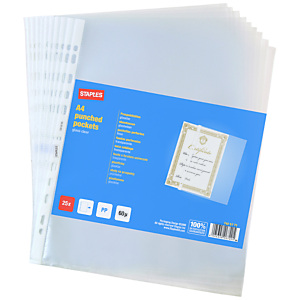 Staples Funda perforada, A4, polipropileno de 60 micras, 11 orificios, lisa, transparente con bandas blancas Staples Funda perforada, A4, polipropileno de 60 micras, 11 orificios, lisa, transparente con bandas blancas