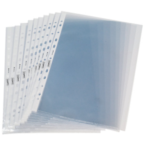 Staples Funda perforada, Folio, polipropileno de 50 micras, 11 orificios, rugosa, transparente con bandas blancas Staples Funda perforada, Folio, polipropileno de 50 micras, 11 orificios, rugosa, transparente con bandas blancas