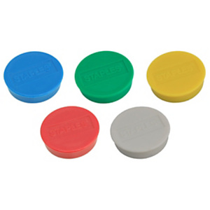 Staples Imán de pizarra, capacidad de sujeción de hasta 15 hojas, 35 mm, redondo, colores variados Staples Imán de pizarra, capacidad de sujeción de hasta 15 hojas, 35 mm, redondo, colores variados