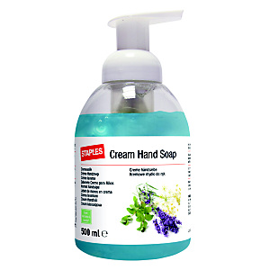 Staples Jabón de manos en crema nutritivo con aroma a hierbas silvestres y lavanda, verde, 500 ml, botella con dosificador Staples Jabón de manos en crema nutritivo con aroma a hierbas silvestres y lavanda, verde, 500 ml, botella con dosificador