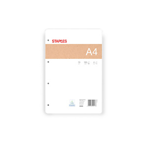 Staples Recambio de hojas, A4, 4 taladros para archivador, liso, 100 hojas Staples Recambio de hojas, A4, 4 taladros para archivador, liso, 100 hojas