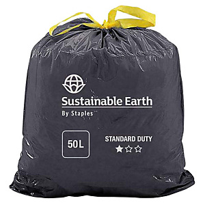 Staples Sacchi per nettezza urbana con cordoncino, Materiale riciclato, Per rifiuti normali, 50 l, 25 micron, 680 x 750 mm, Nero, Rotolo da 25 sacchi (confezione 25 pezzi) Staples Sacchi per nettezza urbana con cordoncino, Materiale riciclato, Per rifiuti normali, 50 l, 25 micron, 680 x 750 mm, Nero, Rotolo da 25 sacchi (confezione 25 pezzi)