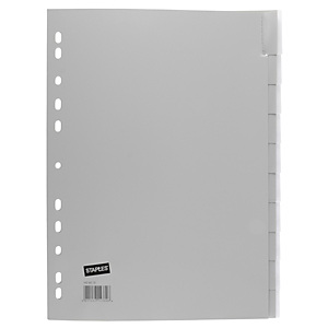 Staples Separador de índice, A4, conjunto de 1-10 pestañas, polipropileno, gris Staples Separador de índice, A4, conjunto de 1-10 pestañas, polipropileno, gris