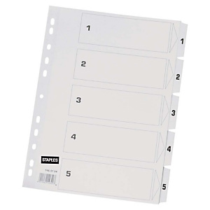 Staples Separador preimpreso, A4, Cartón con revestimiento de película de poliéster, 5 piezas, Blanco Staples Separador preimpreso, A4, Cartón con revestimiento de película de poliéster, 5 piezas, Blanco