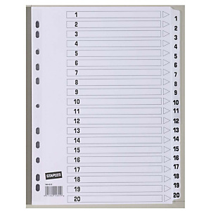 Staples Separador preimpreso, A4, Cartón con revestimiento de película de poliéster, Numerado del 1 al 20, Blanco Staples Separador preimpreso, A4, Cartón con revestimiento de película de poliéster, Numerado del 1 al 20, Blanco