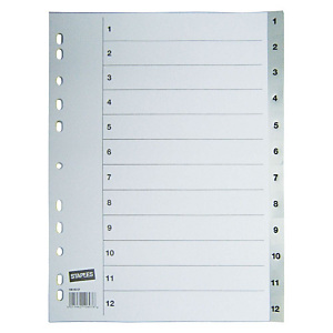 Staples Separador preimpreso, folio, polipropileno, 12 pestañas, gris Staples Separador preimpreso, folio, polipropileno, 12 pestañas, gris
