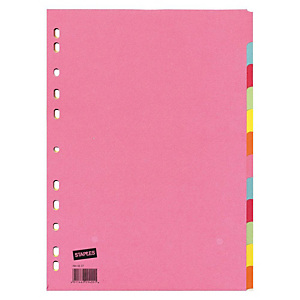 Staples Separadores, A4, cartón manila, 12 pestañas, colores surtidos Staples Separadores, A4, cartón manila, 12 pestañas, colores surtidos