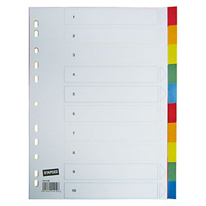 Staples Separadores, A4, polipropileno, 10 pestañas, colores surtidos Staples Separadores, A4, polipropileno, 10 pestañas, colores surtidos