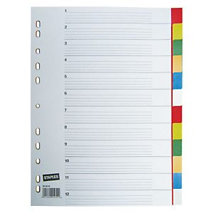Staples Separadores, A4+, polipropileno, 12 pestañas, blanco Staples Separadores, A4+, polipropileno, 12 pestañas, blanco