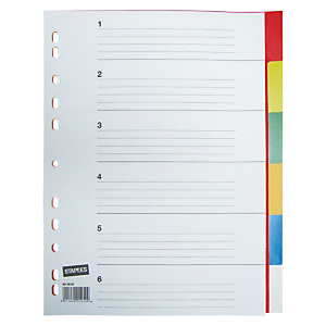 Staples Separadores, A4, polipropileno, 6 pestañas, colores surtidos Staples Separadores, A4, polipropileno, 6 pestañas, colores surtidos
