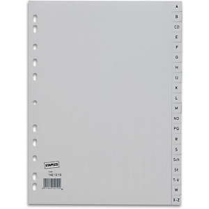 Staples Separadores alfabéticos A-Z, A4, polipropileno, 20 pestañas, gris Staples Separadores alfabéticos A-Z, A4, polipropileno, 20 pestañas, gris