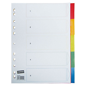 Staples Separadores, Folio, polipropileno, 5 pestañas, colores surtidos Staples Separadores, Folio, polipropileno, 5 pestañas, colores surtidos