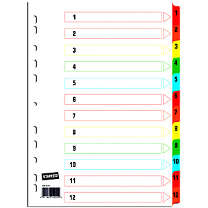 Staples Separadores numéricos 1-12, A4, cartón, 12 pestañas, blanco premium Staples Separadores numéricos 1-12, A4, cartón, 12 pestañas, blanco premium