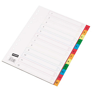 Staples Separadores numéricos 1-12, A4, polipropileno, 12 pestañas, colores surtidos Staples Separadores numéricos 1-12, A4, polipropileno, 12 pestañas, colores surtidos