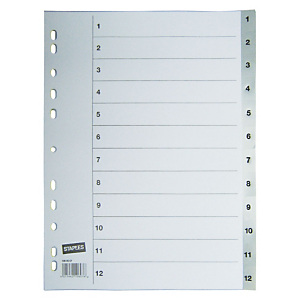 Staples Separadores numéricos 1-12, A4, polipropileno, 12 pestañas, gris Staples Separadores numéricos 1-12, A4, polipropileno, 12 pestañas, gris