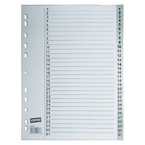 Staples Separadores numéricos 1-31, A4, polipropileno, 31 pestañas, blanco Staples Separadores numéricos 1-31, A4, polipropileno, 31 pestañas, blanco