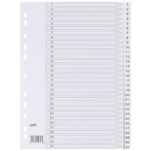 Staples Separadores numéricos 1-31, A4, polipropileno, 31 pestañas, blanco Staples Separadores numéricos 1-31, A4, polipropileno, 31 pestañas, blanco