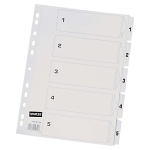Staples Separadores numéricos 1-5, A4, cartón, 5 pestañas, blanco Staples Separadores numéricos 1-5, A4, cartón, 5 pestañas, blanco