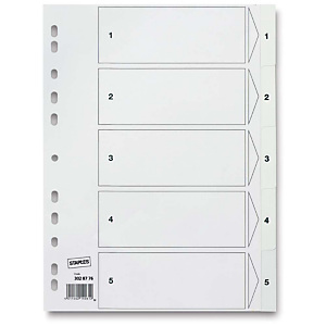 Staples Separadores numéricos 1-5, A4, polipropileno, 5 pestañas, blanco Staples Separadores numéricos 1-5, A4, polipropileno, 5 pestañas, blanco