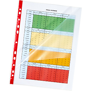 Staples Standard Plus Funda perforada, A4, polipropileno de 75 micras, 11 orificios, rugosa, transparente con banda roja Staples Standard Plus Funda perforada, A4, polipropileno de 75 micras, 11 orificios, rugosa, transparente con banda roja