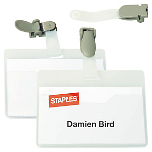 Staples Tarjeta de identificación de visitante con pinza giratoria, PVC, horizontal, 90 x 60 mm, transparente Staples Tarjeta de identificación de visitante con pinza giratoria, PVC, horizontal, 90 x 60 mm, transparente