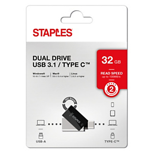 Staples Unidad flash doble, USB-C y 3.1, diseño giratorio, 32 GB, negro Staples Unidad flash doble, USB-C y 3.1, diseño giratorio, 32 GB, negro