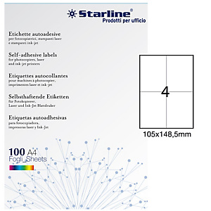 STARLINE Etichetta adesiva - permanente - 105x148,5 mm - 4 etichette per foglio - bianco - conf. 100 fogli A4 STARLINE Etichetta adesiva - permanente - 105x148,5 mm - 4 etichette per foglio - bianco - conf. 100 fogli A4