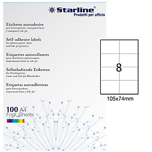 STARLINE Etichetta adesiva - permanente - 105x74 mm - 8 etichette per foglio - bianco - conf. 100 fogli A4 STARLINE Etichetta adesiva - permanente - 105x74 mm - 8 etichette per foglio - bianco - conf. 100 fogli A4