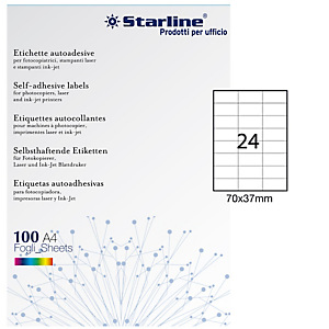 STARLINE Etichetta adesiva - permanente - 70x37 mm - 24 etichette per foglio - bianco - conf. 100 fogli A4 STARLINE Etichetta adesiva - permanente - 70x37 mm - 24 etichette per foglio - bianco - conf. 100 fogli A4