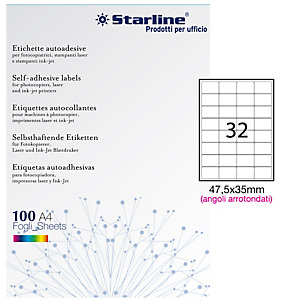 STARLINE Etichette adesive - in carta - angoli arrotondati - permanenti - 47,5 x 35 mm - 32 et/fg - 100 fogli - bianco STARLINE Etichette adesive - in carta - angoli arrotondati - permanenti - 47,5 x 35 mm - 32 et/fg - 100 fogli - bianco