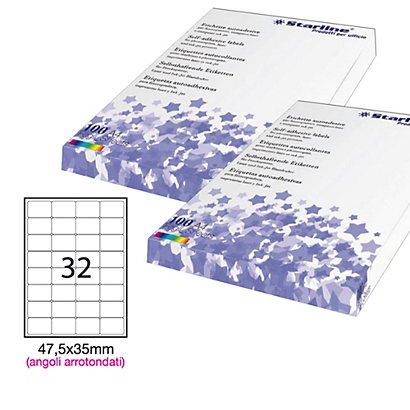 STARLINE Etichette adesive - in carta - angoli arrotondati - permanenti - 47,5 x 35 mm - 32 et/fg - 100 fogli - bianco - 1