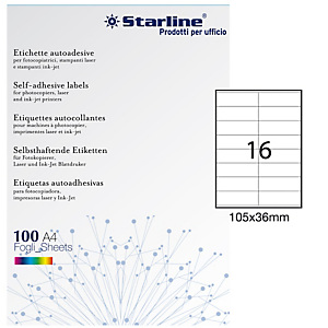 STARLINE Etichette adesive - in carta - permanenti - 105 x 36 mm - 16 et/fg - 100 fogli - bianco STARLINE Etichette adesive - in carta - permanenti - 105 x 36 mm - 16 et/fg - 100 fogli - bianco