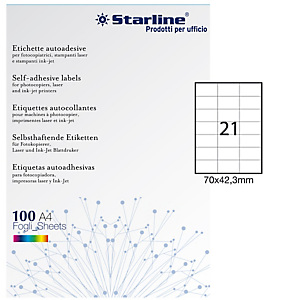 STARLINE Etichette adesive - in carta - permanenti - 70 x 42,3 mm - 21 et/fg - 100 fogli - bianco STARLINE Etichette adesive - in carta - permanenti - 70 x 42,3 mm - 21 et/fg - 100 fogli - bianco