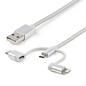 StarTech.com Câble multi chargeur USB de 1 m - Lightning USB-C Micro-B - Tressé, 1 m, USB A, Micro-USB B, USB 2.0, 0,48 Gbit/s, Argent LTCUB1MGR StarTech.com Câble multi chargeur USB de 1 m - Lightning USB-C Micro-B - Tressé, 1 m, USB A, Micro-USB B, USB 2.0, 0,48 Gbit/s, Argent LTCUB1MGR