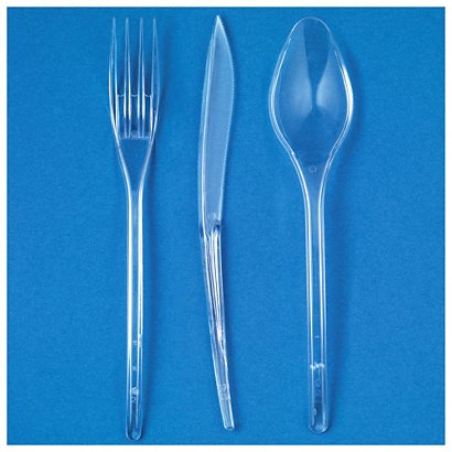 Previs site vod Stevenson Kristalhelder plastic bestek, lepel, vork en mes | RAJA