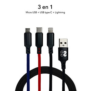 Subblim Cable de carga y de transferencia de datos, 3 en 1, USB-A a USB-C/micro USB/Lightning, 1 m, negro