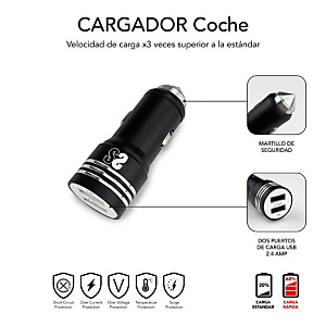 Subblim Cargador de coche doble USB-A, 12W, 2,4A, con cable 3 en 1 (USB-C/micro USB/Lightning), negro y blanco
