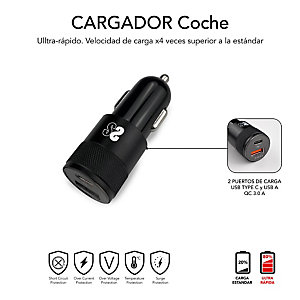 Subblim Cargador de coche doble USB-A + USB-C, 18W, 3A, con cable 1 USB-C, negro