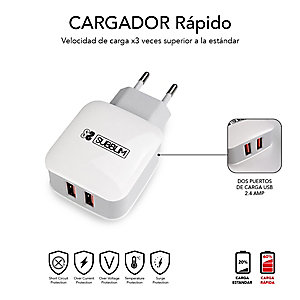 Subblim Cargador de pared doble USB-A, 12W, 2,4A, con cable 3 en 1 (USB-C/micro USB/Lightning), blanco y gris