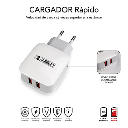 Subblim Cargador de pared doble USB-A, 12W, 2,4A, con cable 3 en 1 (USB-C/micro USB/Lightning), blanco y gris - 1