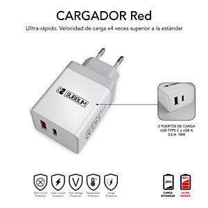 Subblim Cargador de pared doble, USB-A + USB-C, 25W, 3A, con cable USB-C y adaptador Lightning, blanco