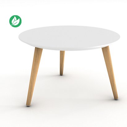 Table basse Marit, plateau rond laqué blanc, 3 pieds bois naturel