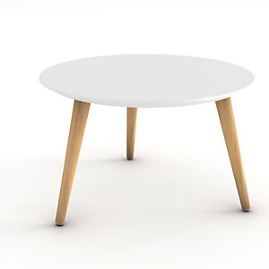 Table basse Marit, plateau rond laqué blanc, 3 pieds bois naturel Table basse Marit, plateau rond laqué blanc, 3 pieds bois naturel
