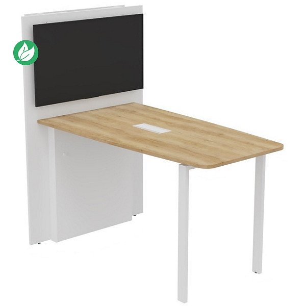 Table haute réunion Visio avec  mur technique L.180 cm x H.105 cm - Plateau Chêne Nebraska Pieds métal Blanc