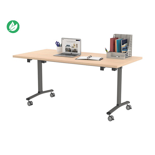 Table mobile rabattable - L.160 x P.80 cm - Plateau Chêne - Pieds Aluminium - 1