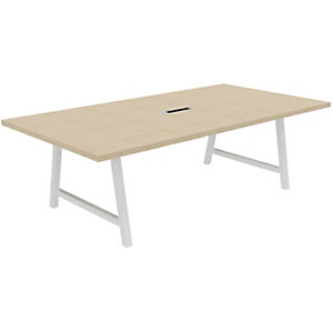 Table de réunion coworking Cohésion L.240 x l.120 cm avec électrification - Chêne pieds arche métal Blanc
